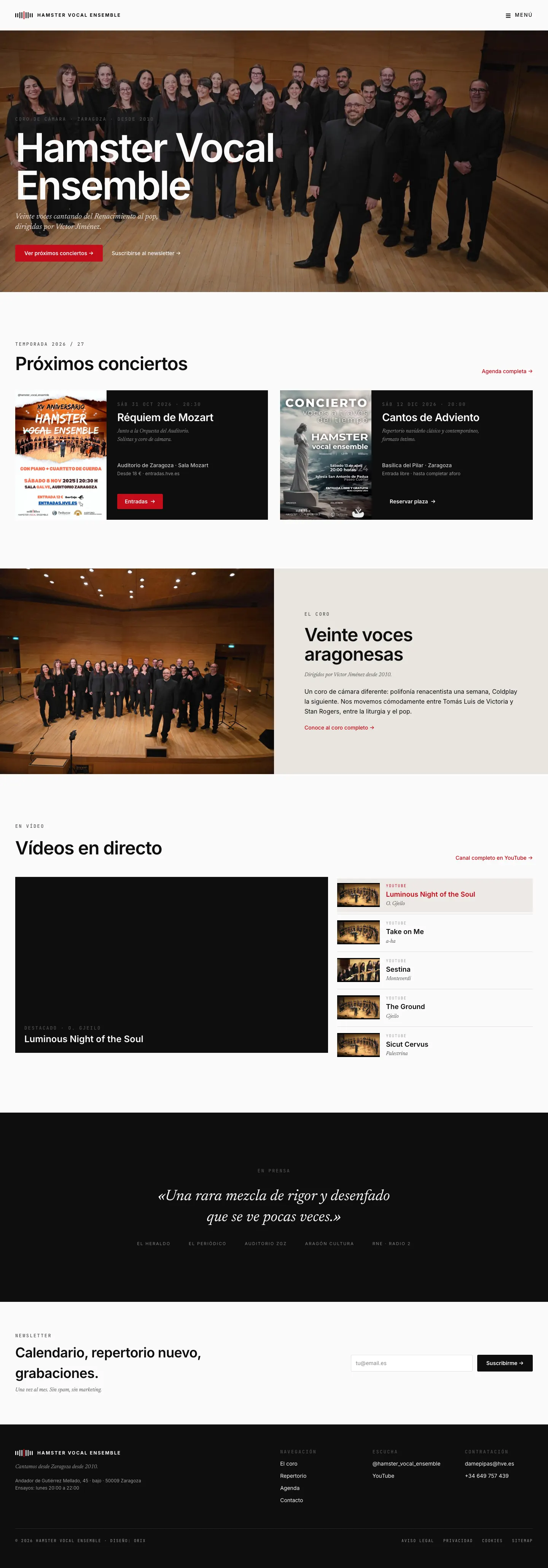 Home de hve.es con hero del coro Hamster Vocal Ensemble y CTAs principales