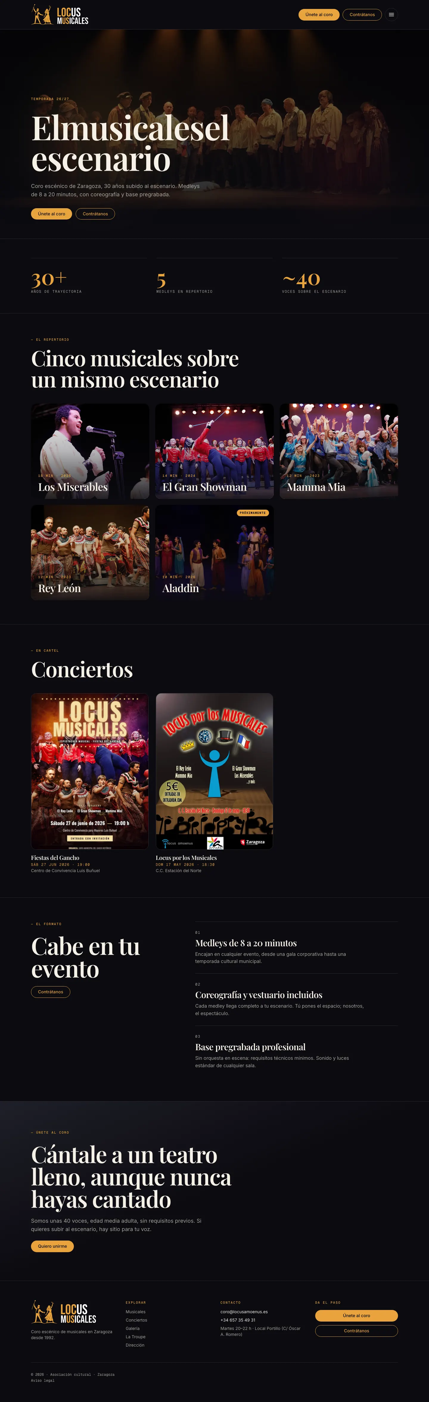 Home de Locus Musicales con hero a sangre y showcase de medleys